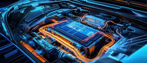 Detailed view of a thermal management system within a lithium ion battery pack in an electric car