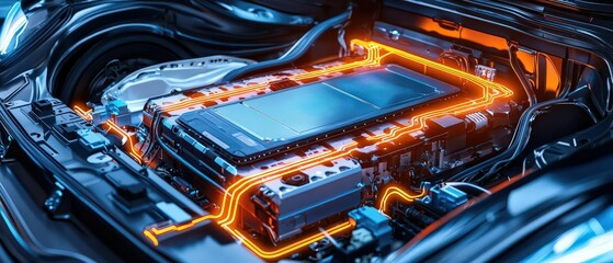 Detailed view of a thermal management system within a lithium ion battery pack in an electric car