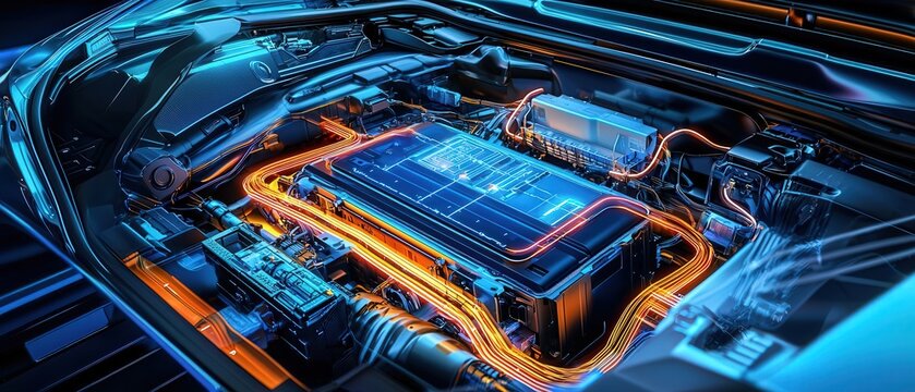 Detailed view of a thermal management system within a lithium ion battery pack in an electric car