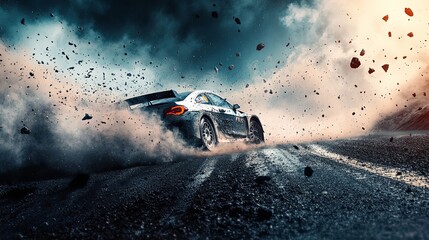 A high-speed car drifting on a dirt road, kicking up dust and debris under a dramatic sky.