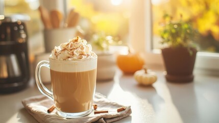 cozy autumn beverage scene steaming glass of pumpkin spice latte with whipped cream and cinnamon in sunlit modern kitchen warm tones and soft focus create an inviting atmosphere
