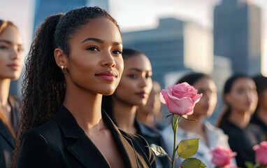 Confident Black woman holding a pink rose, standing among a group of women in suits.