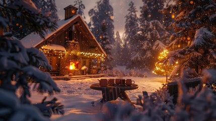 Charming winter retreat  cozy cabin with fireplace, snowy trees, and warm hot cocoa welcome