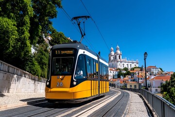 Fototapeta premium Lisbonâ€™s tram 28 climbing a steep hill with a backdrop of historic churches and pastel-colored houses
