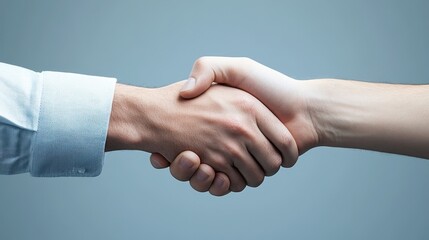 Two hands engaged in a handshake symbolizing agreement, partnership, or business collaboration on a neutral background.