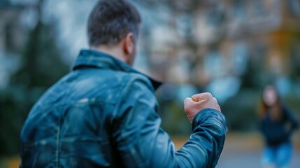 A man is standing in the street with his fist clenched