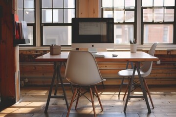 Modern minimalist home office with iMac, designer chairs, large windows, and a small plant. Serene workspace with soft shadows and natural lighting.