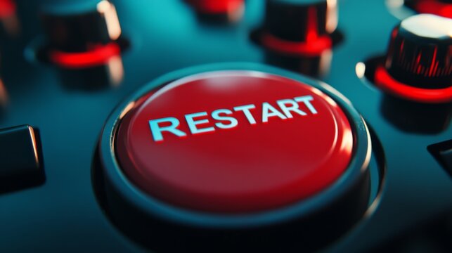 This image shows a large, red, illuminated restart button on a control panel, emphasizing the concept of starting over or resetting, surrounded by dimly lit dials and switches.