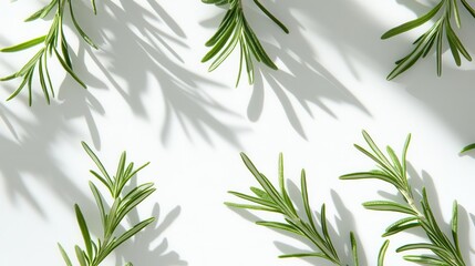 culinary herb study delicate rosemary sprigs with intricate leaf structure aromatic oil droplets soft shadow play on white