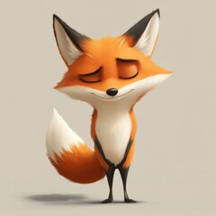 Obraz premium This adorable image features a cartoon fox with closed eyes and a bowed head, presenting a charming and innocent expression. The fox’s fur is beautifully animated in orange and white.