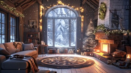Obraz premium Cozy family gathering by the fireplace with snow falling and festive decorations in living room