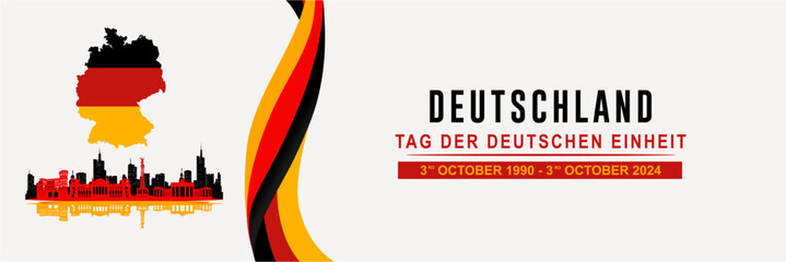 Celebrate the German Unity Day (Tag Der Deutschen Einheit) on 3rd October with silhouettes of historical landmarks and skyscrapers,maps and wavy ribbons. German Unification Banner. Vector illustration