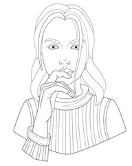 Lovely young girl in a sweater touches her lips with her hand - vector linear illustration for coloring. Portrait of a beautiful girl - face and hand. Head of a woman with long hair. Outline.	