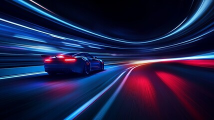 Obraz premium A sleek car speeds through a neon-lit curve, showcasing motion and modern design.