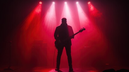 A rock guitarist passionately performing on stage under bright pink and purple lights, with smoke effects adding drama. Concept: Music, energy, and performance.