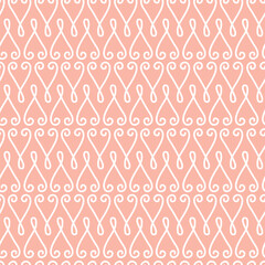 A repeating pattern of elegant swirls on a soft pink background, suitable for textiles or wallpapers.