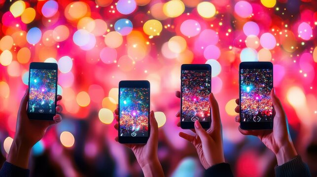 A person capturing a live concert on their smartphone, with a bokeh background of warm and cool lights. Concept: Technology and live experiences.