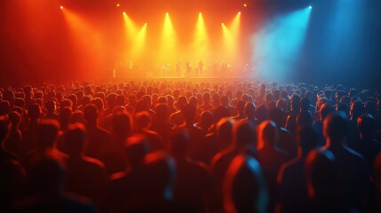 Obraz premium Large crowd of concertgoers enjoys a live performance under bright, colorful lights, with a dynamic stage in the background. Music festival concept.