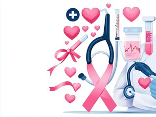 Obraz premium Health awareness illustration with pink elements and medical tools for breast cancer support.