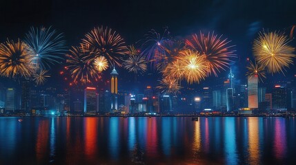 dazzling new years eve fireworks vibrant bursts of color against night sky golden sparklers in foreground city skyline silhouette reflections in water sense of celebration and new beginnings