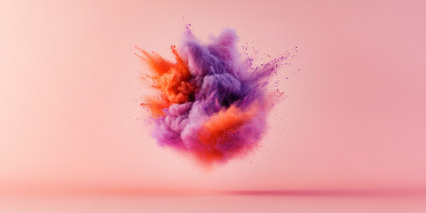 Explosion of purple and orange powder on a neutral pink background