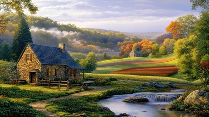 Fototapeta premium A serene countryside scene with a stone cottage, flowing stream, and autumn foliage.