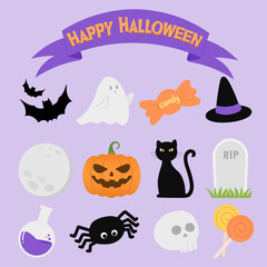 The set of cute halloween objects and characters. Vector illustration decorations design for the Halloween celebration.