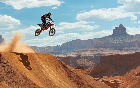 A motocross rider performs a jump over a dirt ramp in a stunning desert landscape.