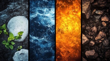 The image showcases the four classical elements: earth with rocks and sprouting plants, water in turbulent flow, fire as a blazing sphere, and air depicted with stormy skies.