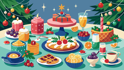  A beautifully arranged brunch table with festive dishes, fresh fruit, and holiday-themed centerpieces