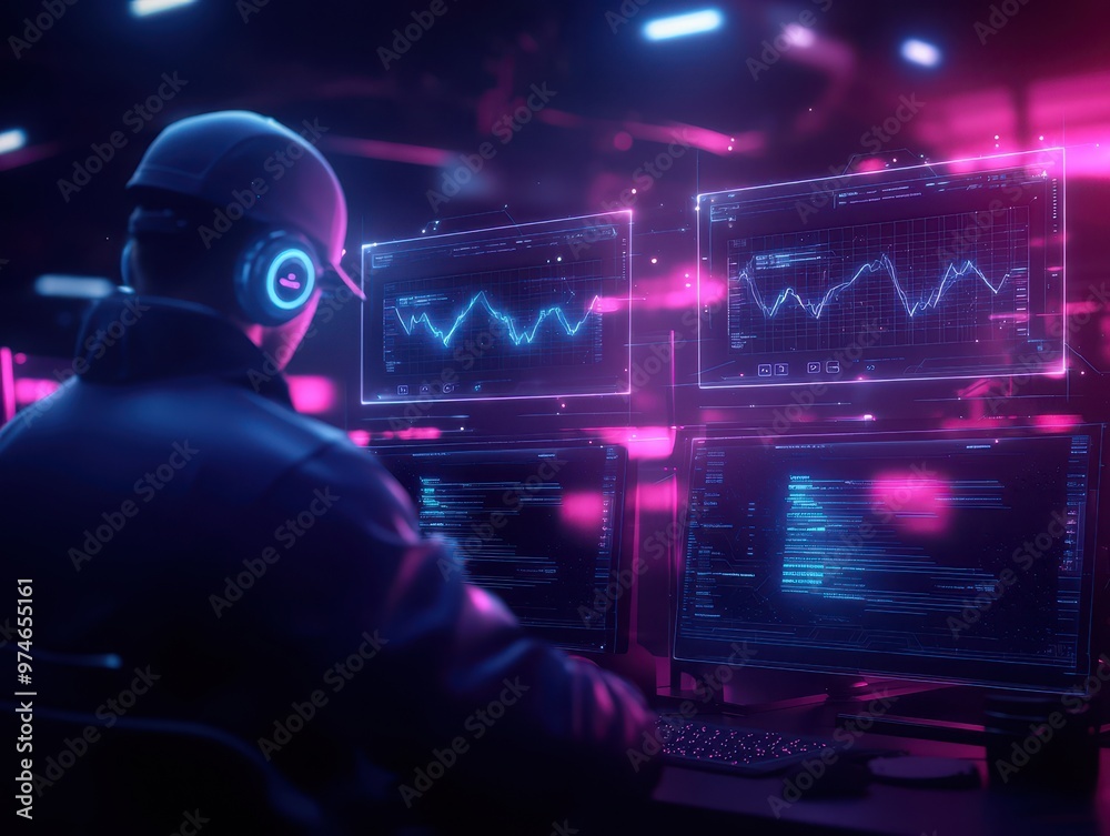 Leinwandbilder A person in a dark room working with multiple computer screens displaying data and graphs, illuminated by neon lights.