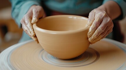 A person making a pot on the wheel with gloved hands, AI