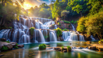 Naklejka premium A cascading waterfall surrounded by lush greenery and bathed in golden sunlight. The water flows over smooth rocks into a crystal-clear pool below.