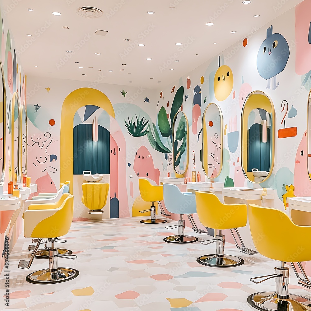 Canvas Prints Colorful and Modern Hair Salon Interior with Yellow and Blue Chairs.