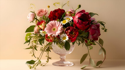 Obraz premium Title: A Delicate Crystal Vase Overflowing with a Variety of Flowers