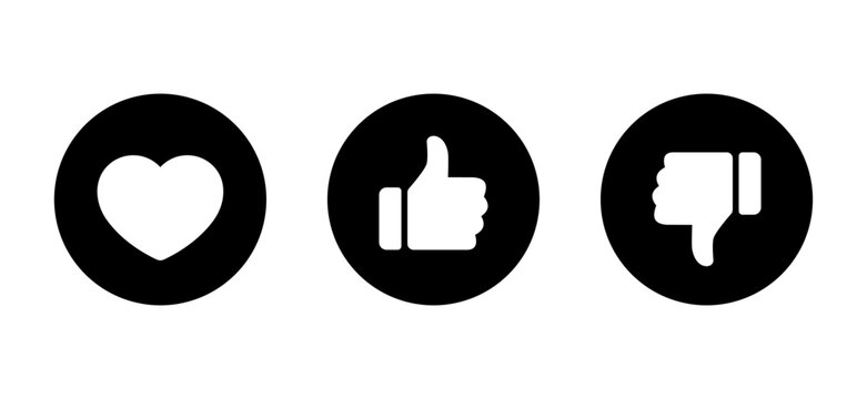 Love, like, and dislike icon on black circle. Heart, hand thumb up and down concept