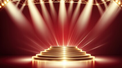 A spotlighted stage with golden steps, designed for performances and events.