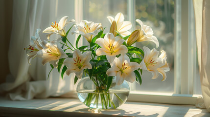 Charming vase filled with fresh white lilies, embodying the joy and elegance of spring in a delightful floral display.