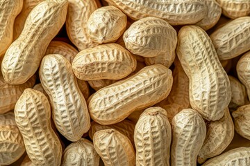 This image shows a detailed close-up of numerous peanuts, all in their shells, creating a textured and natural composition with intricate patterns on the peanut shells.