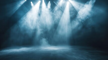 Obraz premium dramatic stage lighting setup with multiple spotlights casting crisscrossing beams through atmospheric haze dark theater or film studio background