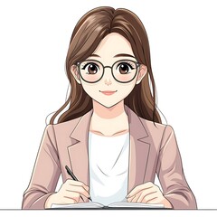 Anime Girl Student Writing in a Notebook.