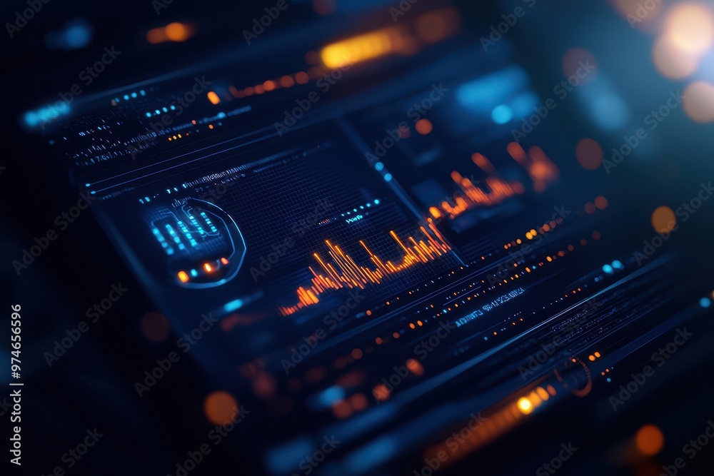 Poster close-up of a futuristic digital interface with glowing graphs and data charts, representing advance