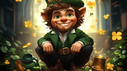 A leprechaun dressed in green sits among clover leaves and golden coins, creating a whimsical and magical atmosphere, indicative of Irish folklore and luck. The image radiates warmth.