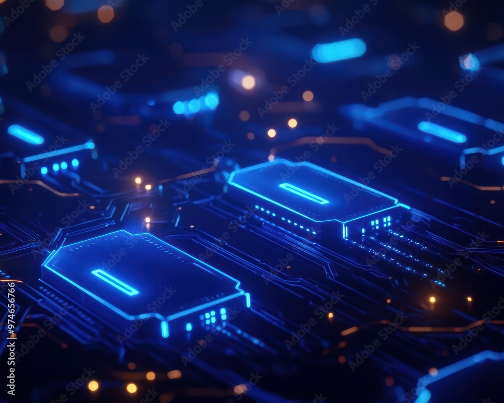 Poster close-up of futuristic blue glowing microchips on a circuit board, depicting advanced technology and