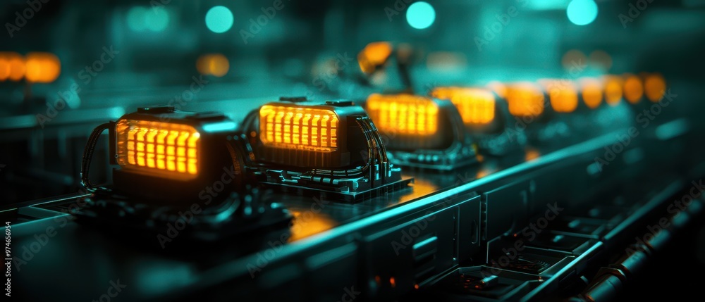 Fototapete close-up of glowing orange led array on a circuit board in a futuristic technology setting, highligh