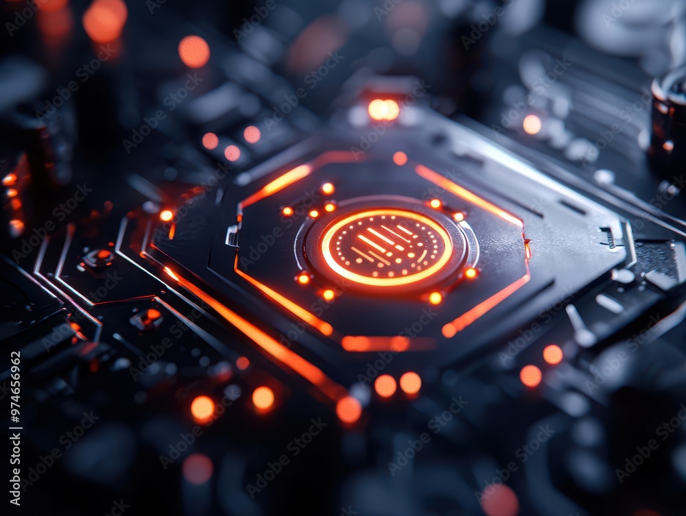 Poster Close-up of illuminated microchip on motherboard, showcasing advanced technology and electronic engineering in a futuristic setting.