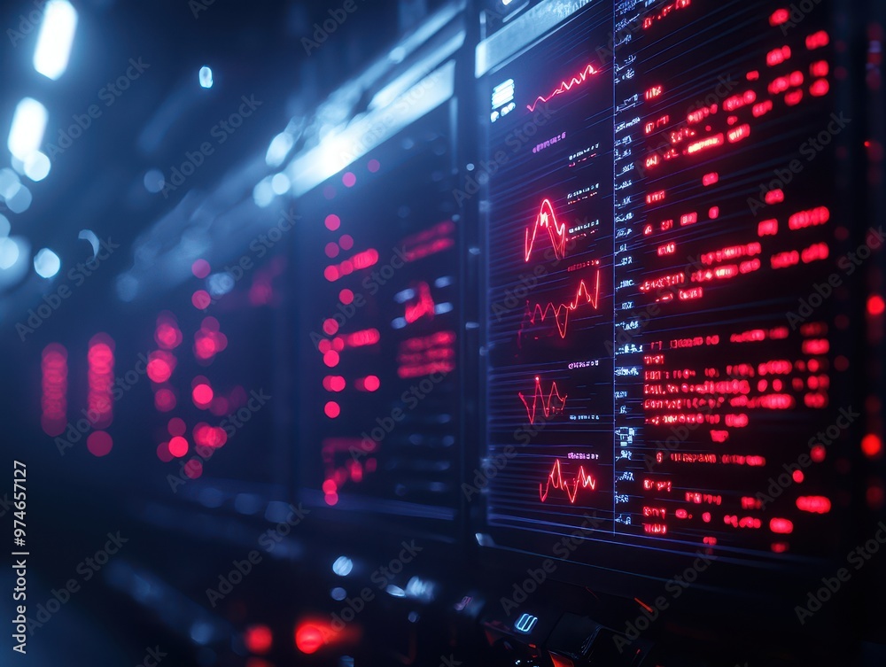 Leinwandbilder Close-up of red data analytics graphs displayed on computer screens in a dark server room, showcasing futuristic technology and cyber insights.