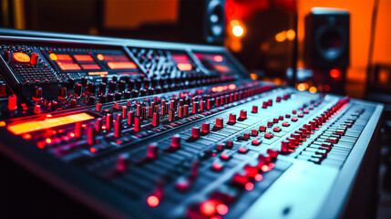 Fototapeta premium Professional headphone with sound board in music producer studio .
