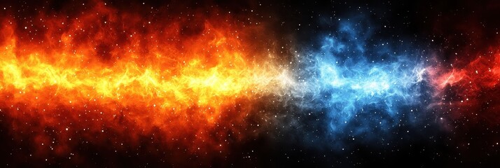 Fototapeta premium A stunning cosmic scene featuring vibrant flames of orange and blue energy, symbolizing the clash of elements in the universe.
