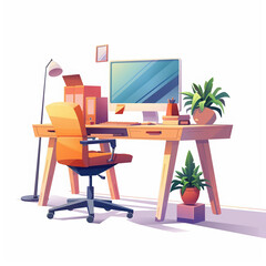 office desk computer chair plants workspace monitor lamp minimalist home office setup technology furniture modern interior workspace design ergonomic chair 